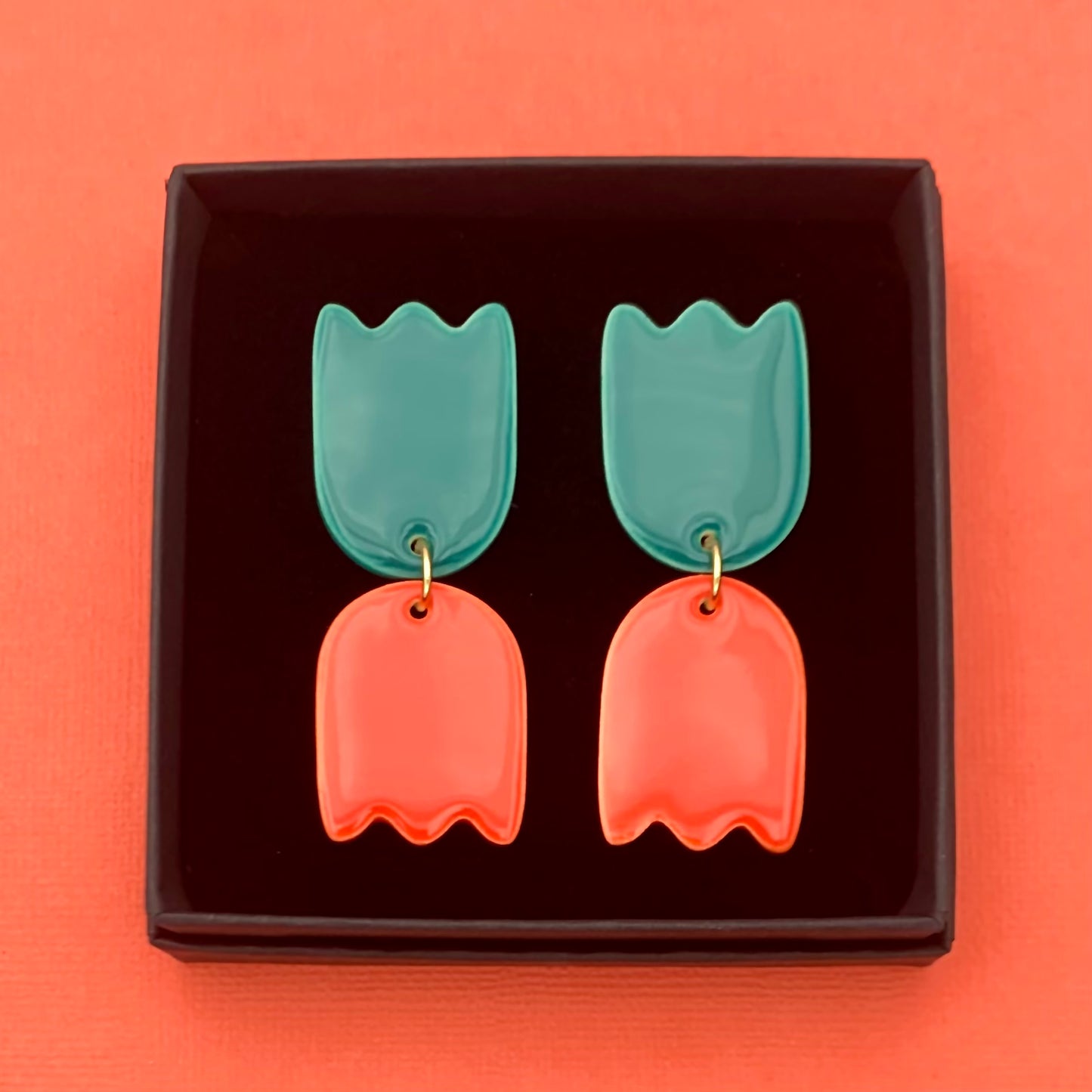 Boucles double fleur, bleu-vert et rouge