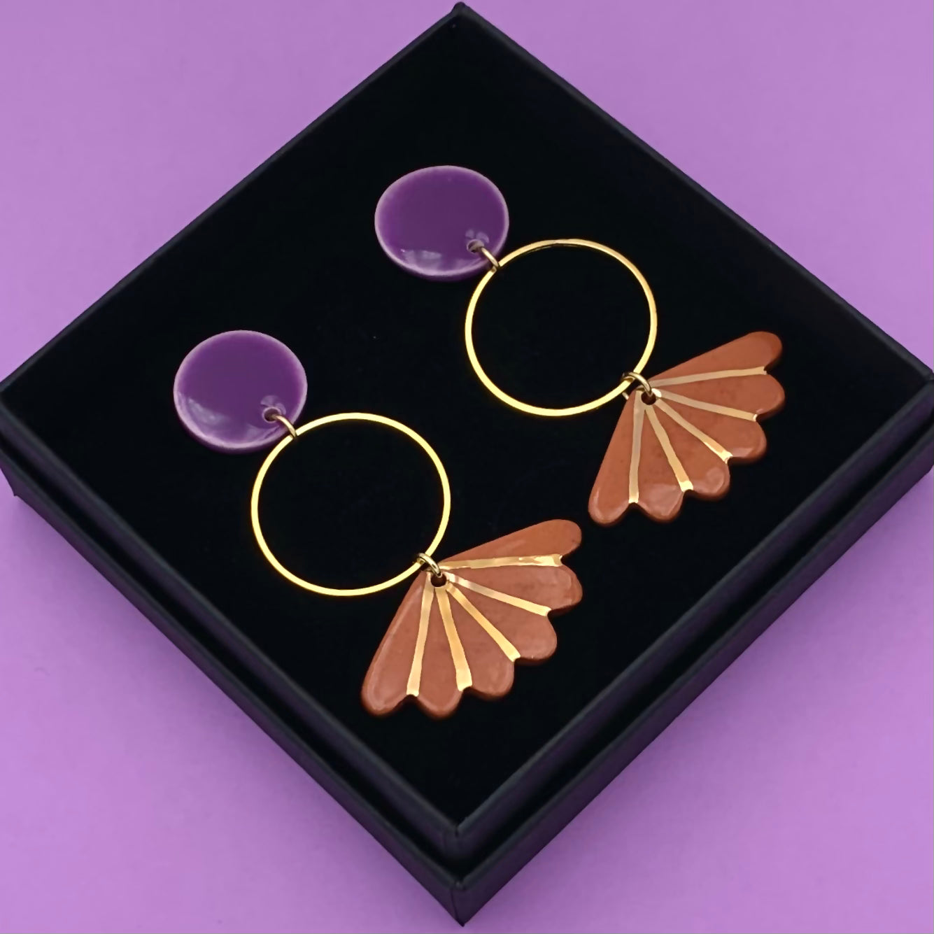 Boucles d'oreilles papillon, violet, marron et or