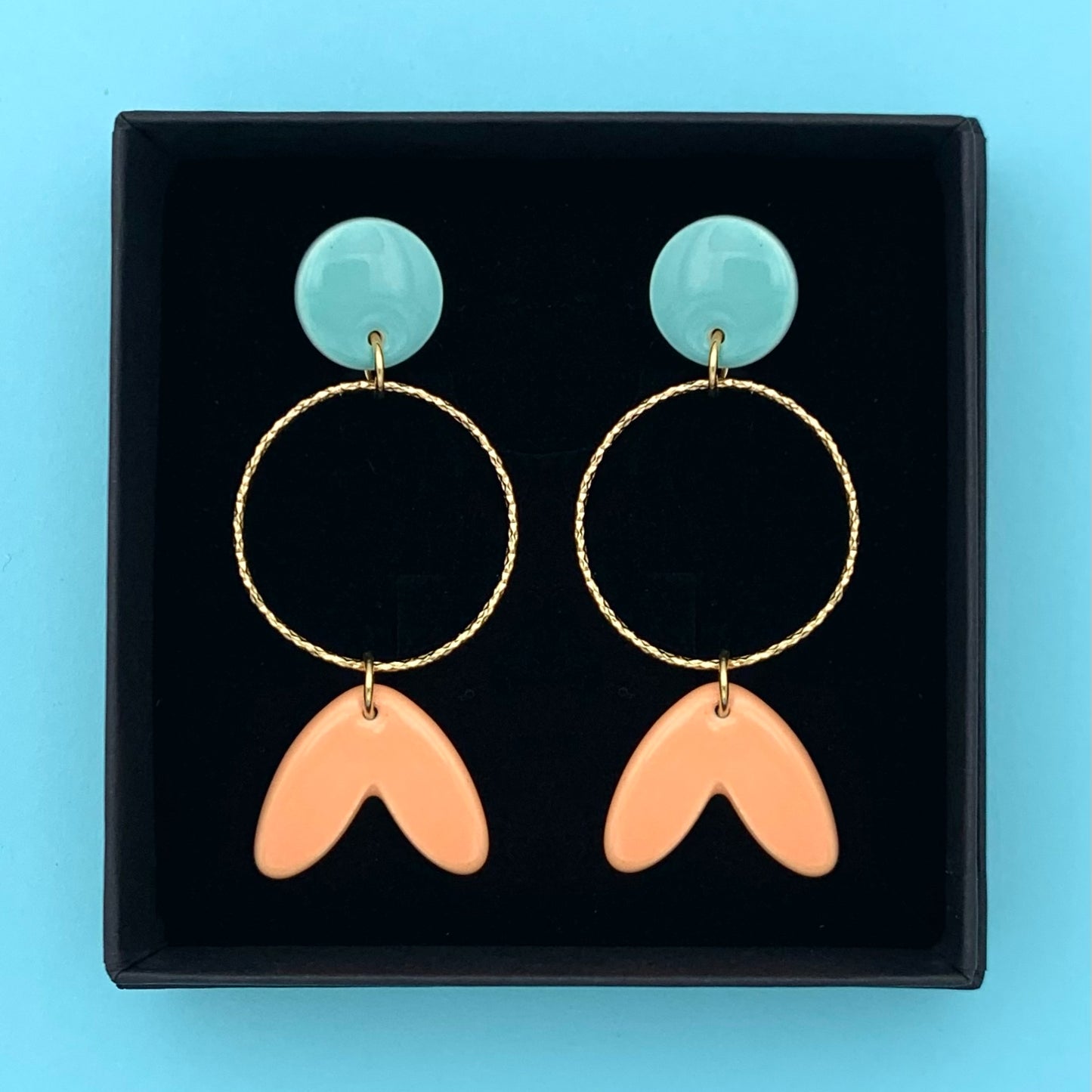 Boucles Plume, bleu aqua et abricot