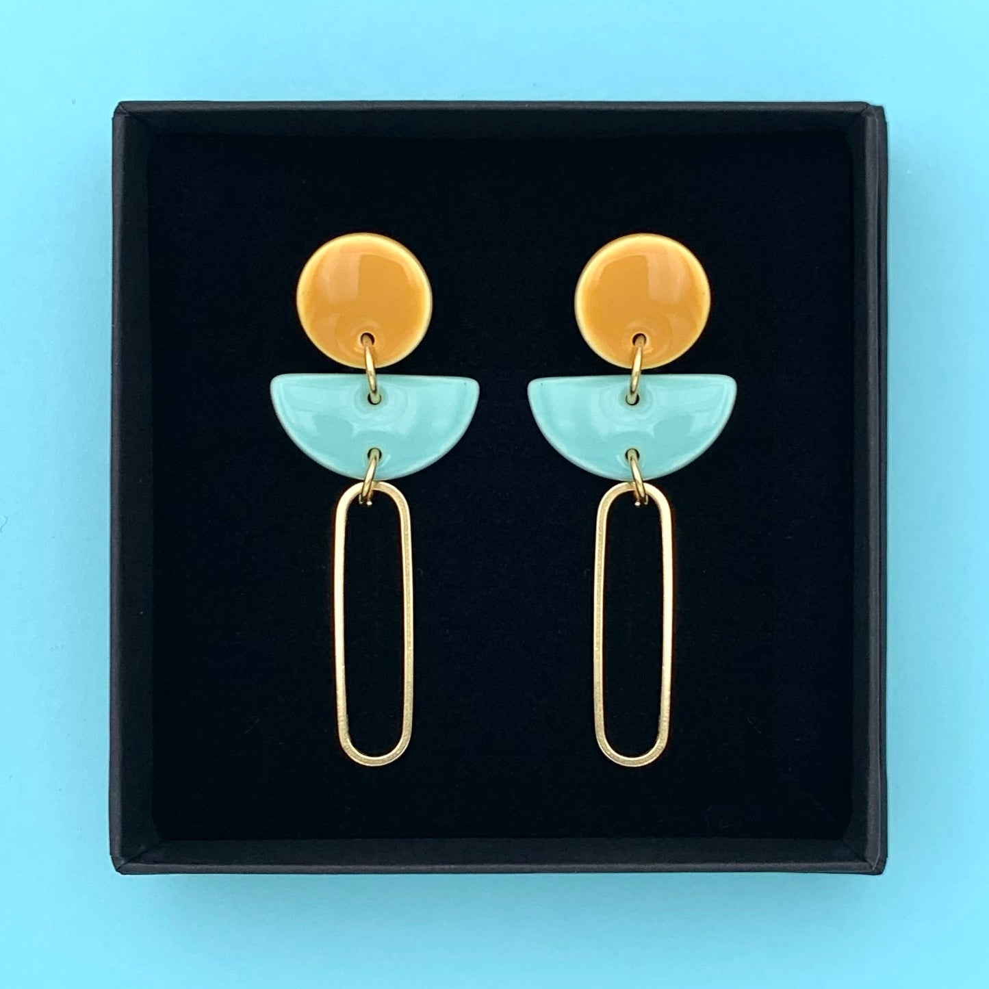 Boucles Trombone, jaune moutarde et bleu aqua
