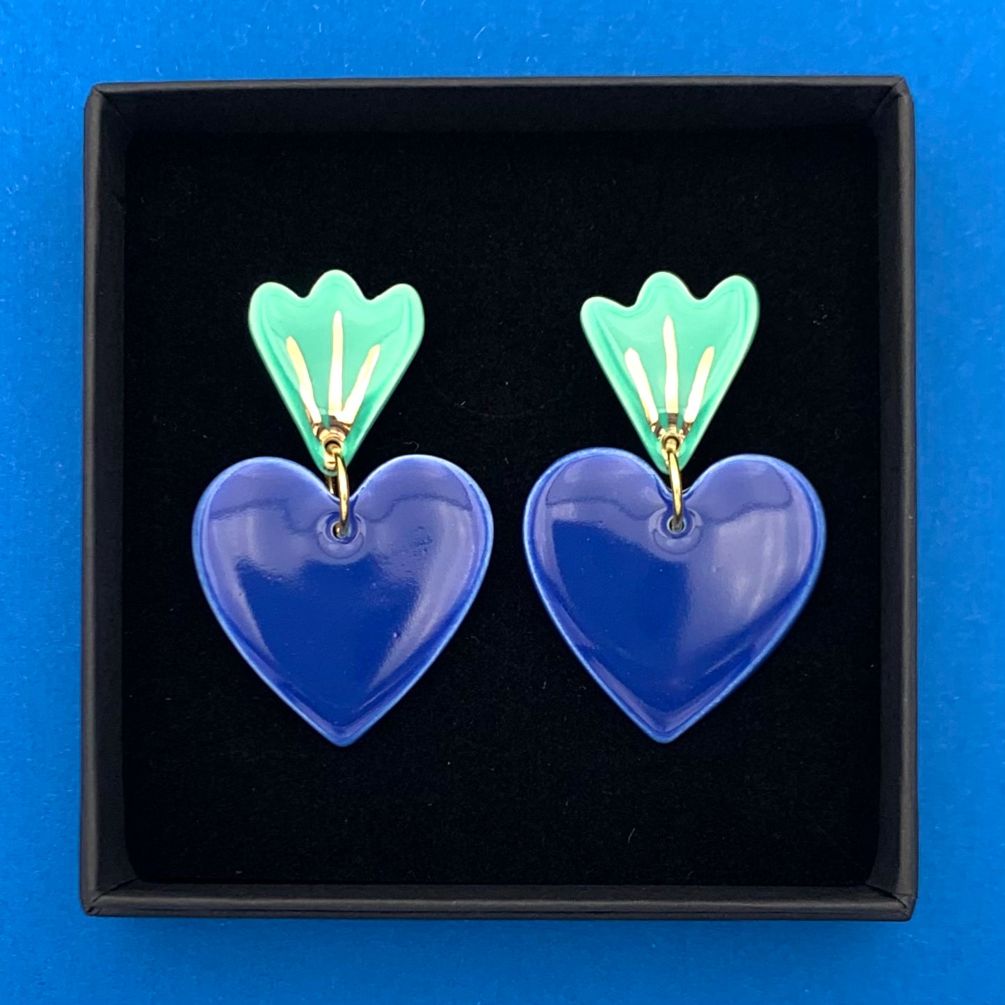 Boucles d'oreilles Corazón, bleu, menthe et or
