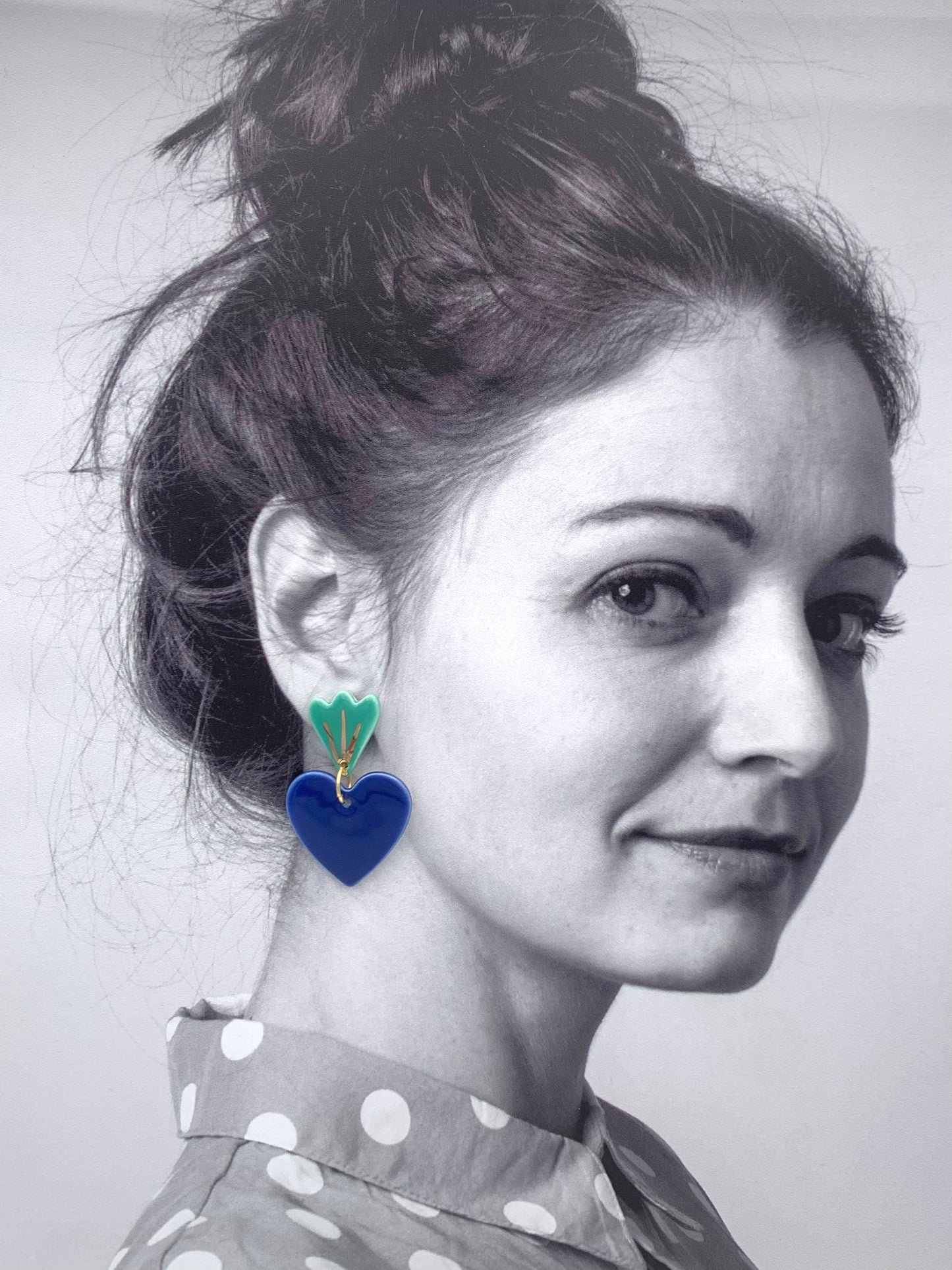 Boucles d'oreilles Corazón, bleu, menthe et or