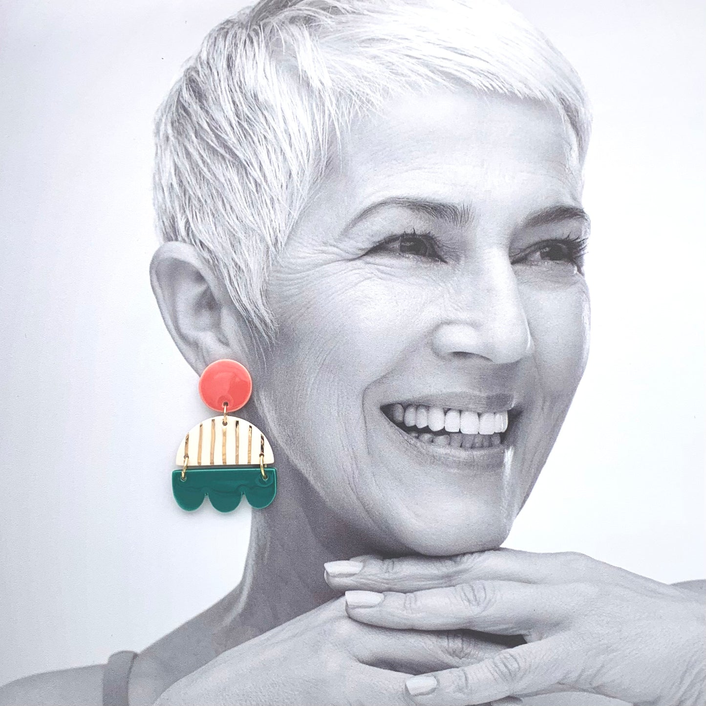 Grandes Boucles d'oreilles pendantes, rose, bleu-vert, blanc et or