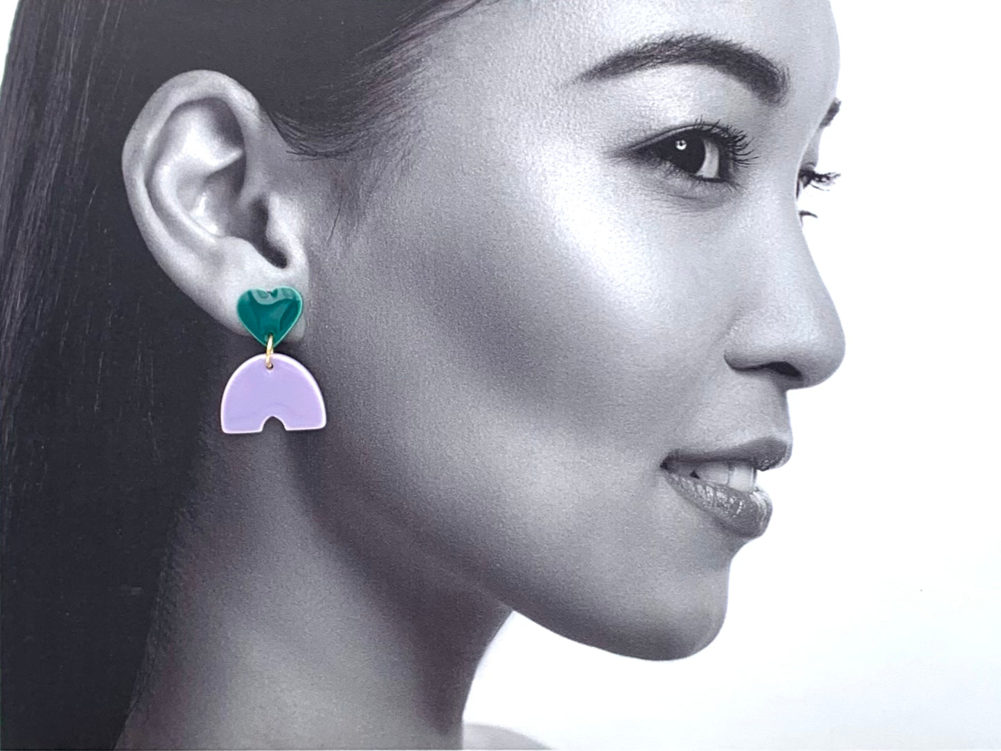 Boucles d'oreilles coeur et pont, vert-bleu et lavande