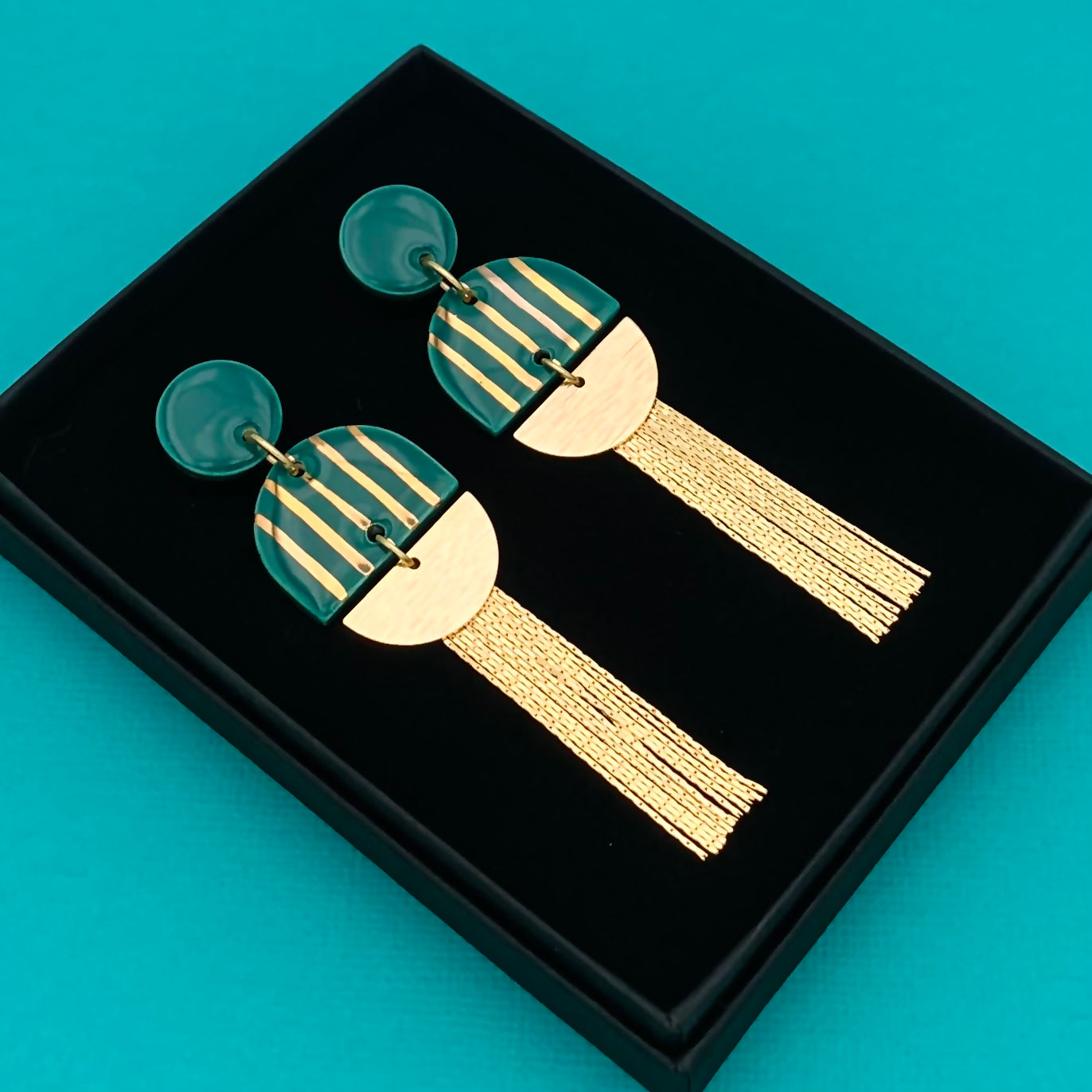 Boucles d'oreilles Olympe, vert-bleu et or