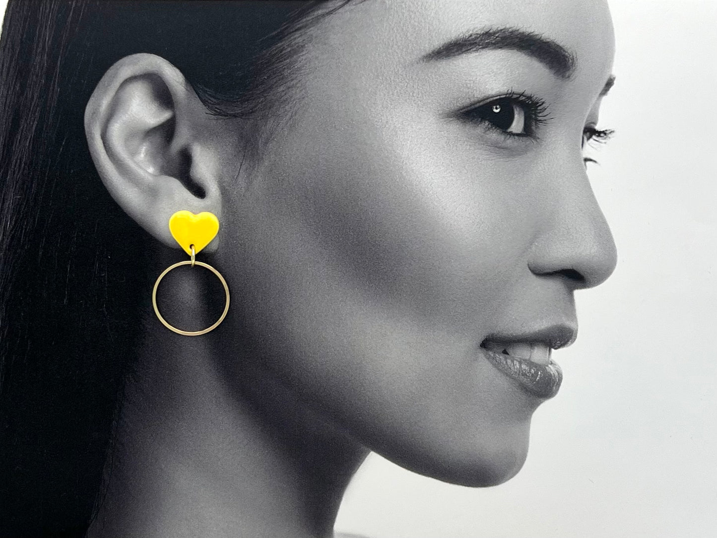 Boucles d'oreilles coeur et anneau, jaune citron