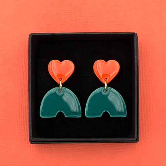 Boucles d'oreilles coeur et pont, rouge orangé et vert-bleu