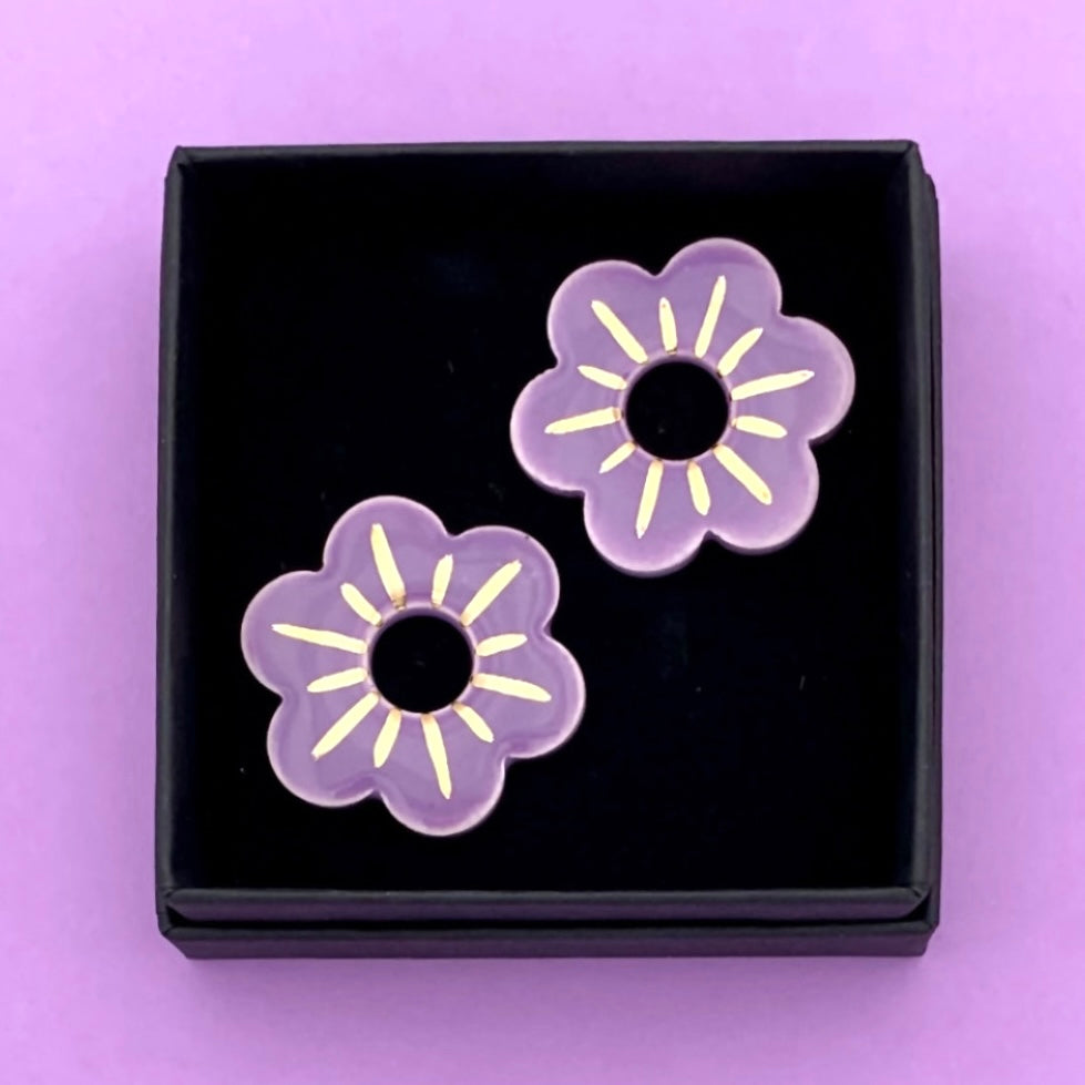 Boucles d'oreilles petite fleur, lilas et or