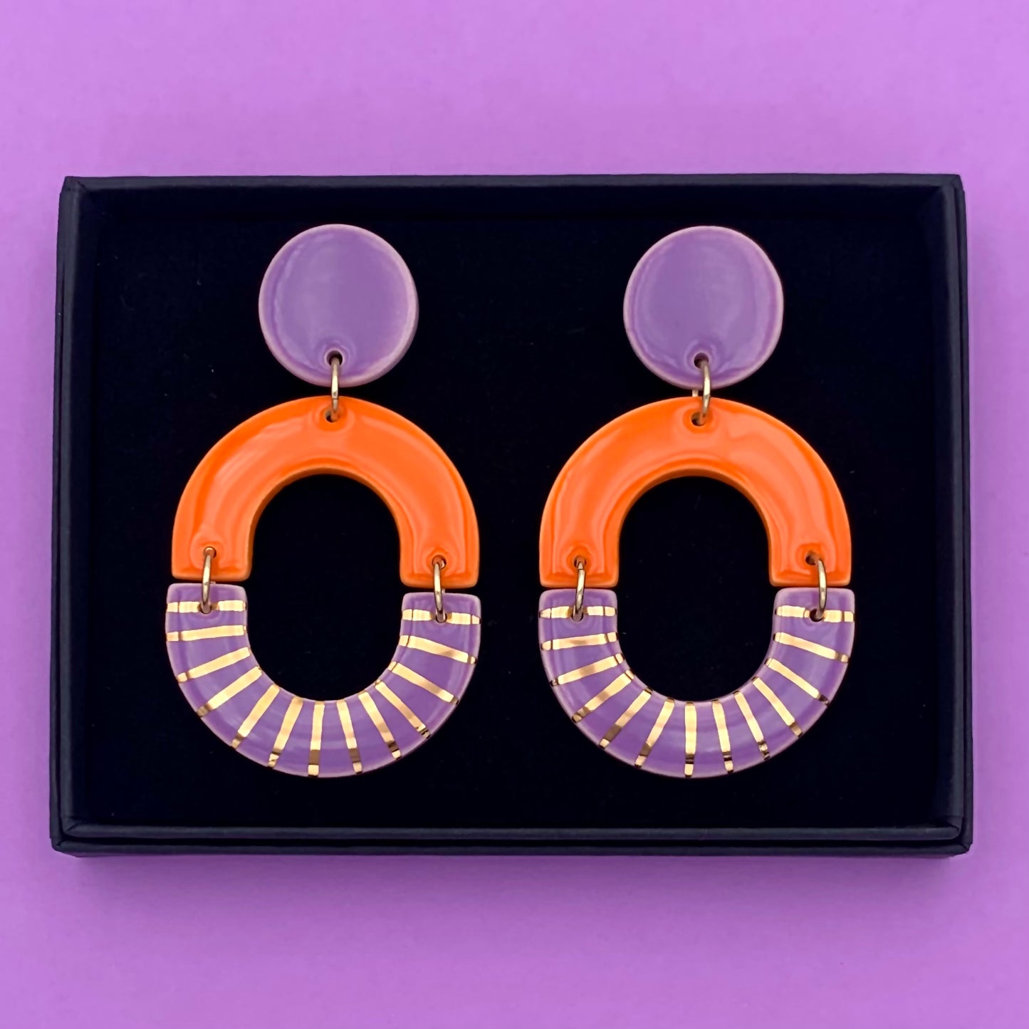 Grandes Boucles d'oreilles ovales, orange, lilas et or