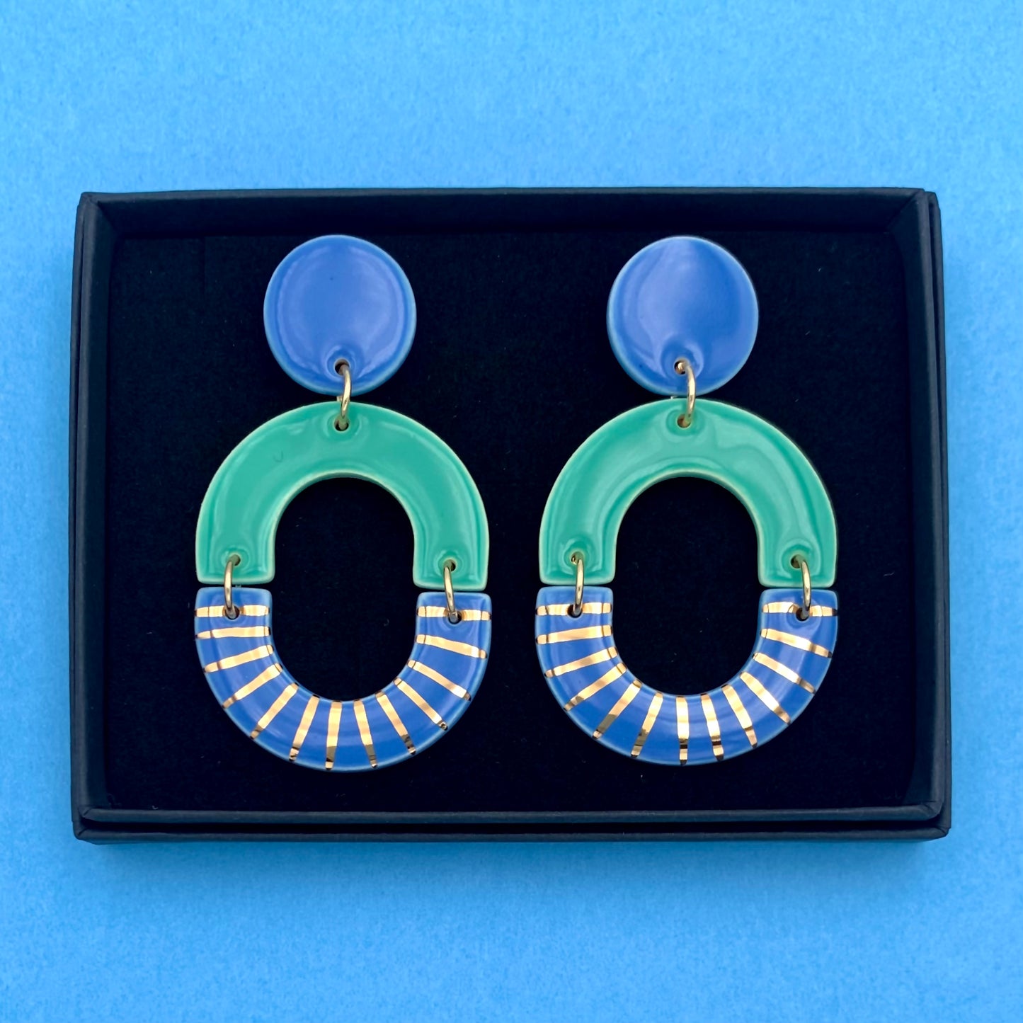 Grandes Boucles d'oreilles ovales, menthe, bleu et or