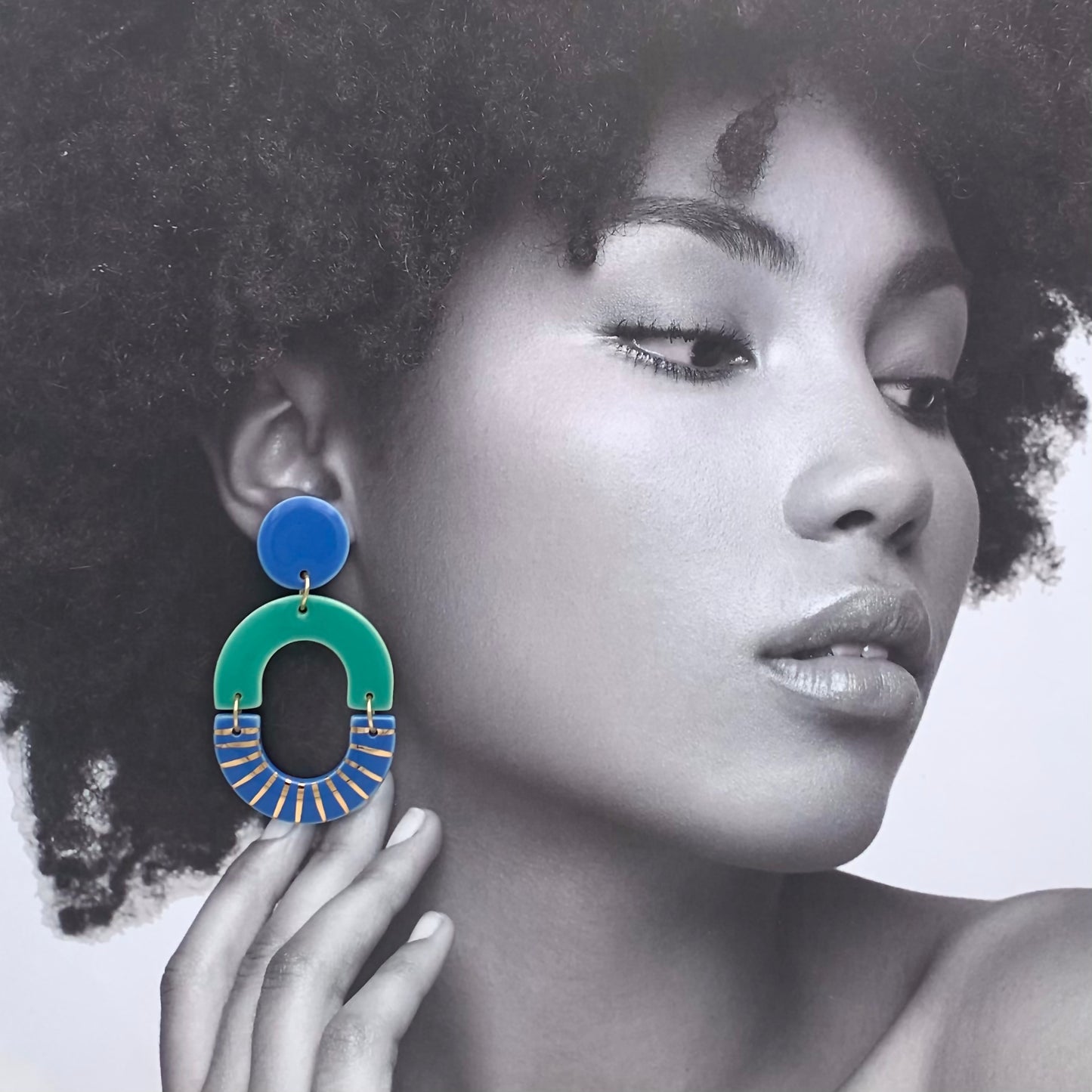 Grandes Boucles d'oreilles ovales, menthe, bleu et or