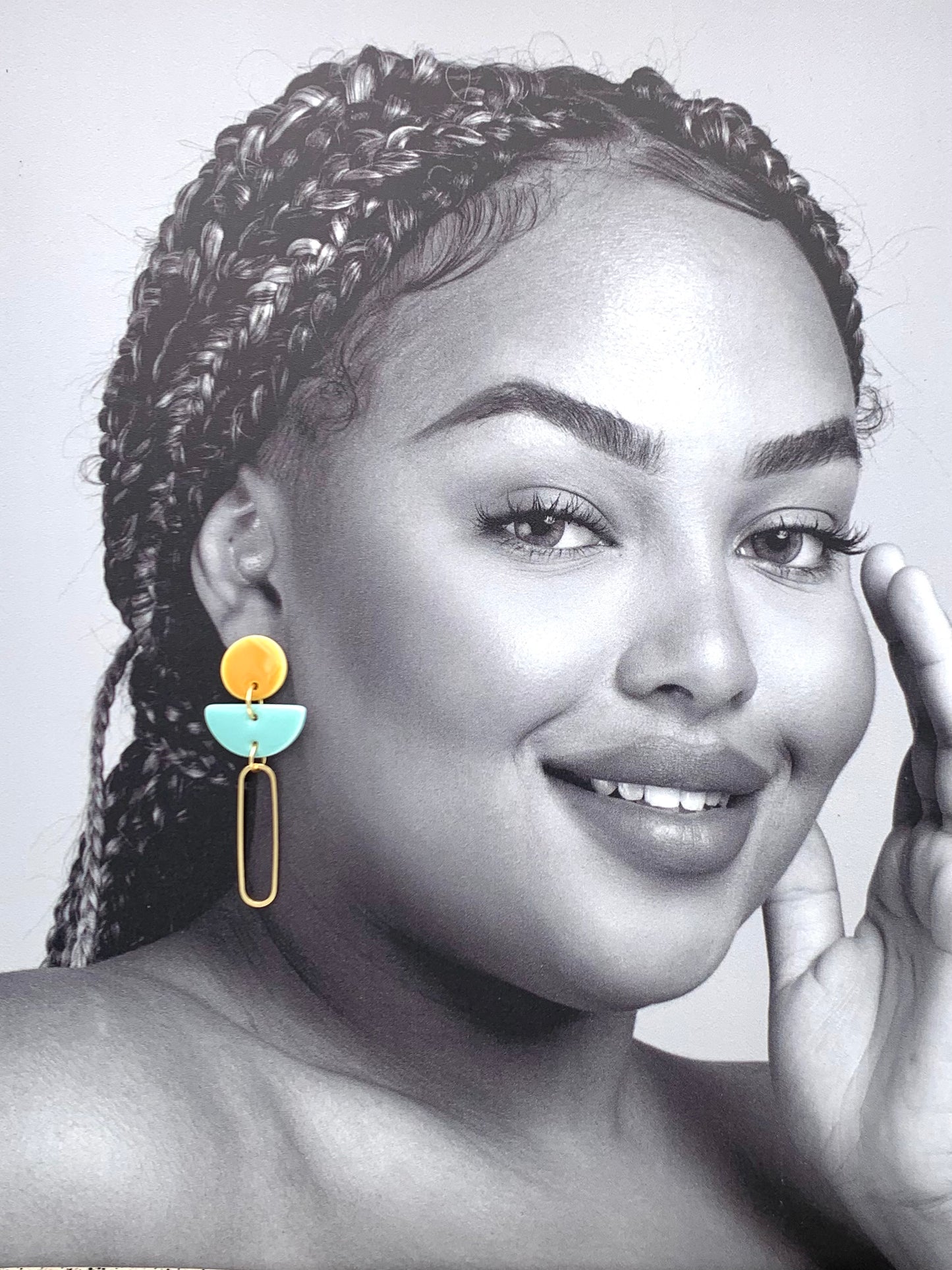 Boucles Trombone, jaune moutarde et bleu aqua