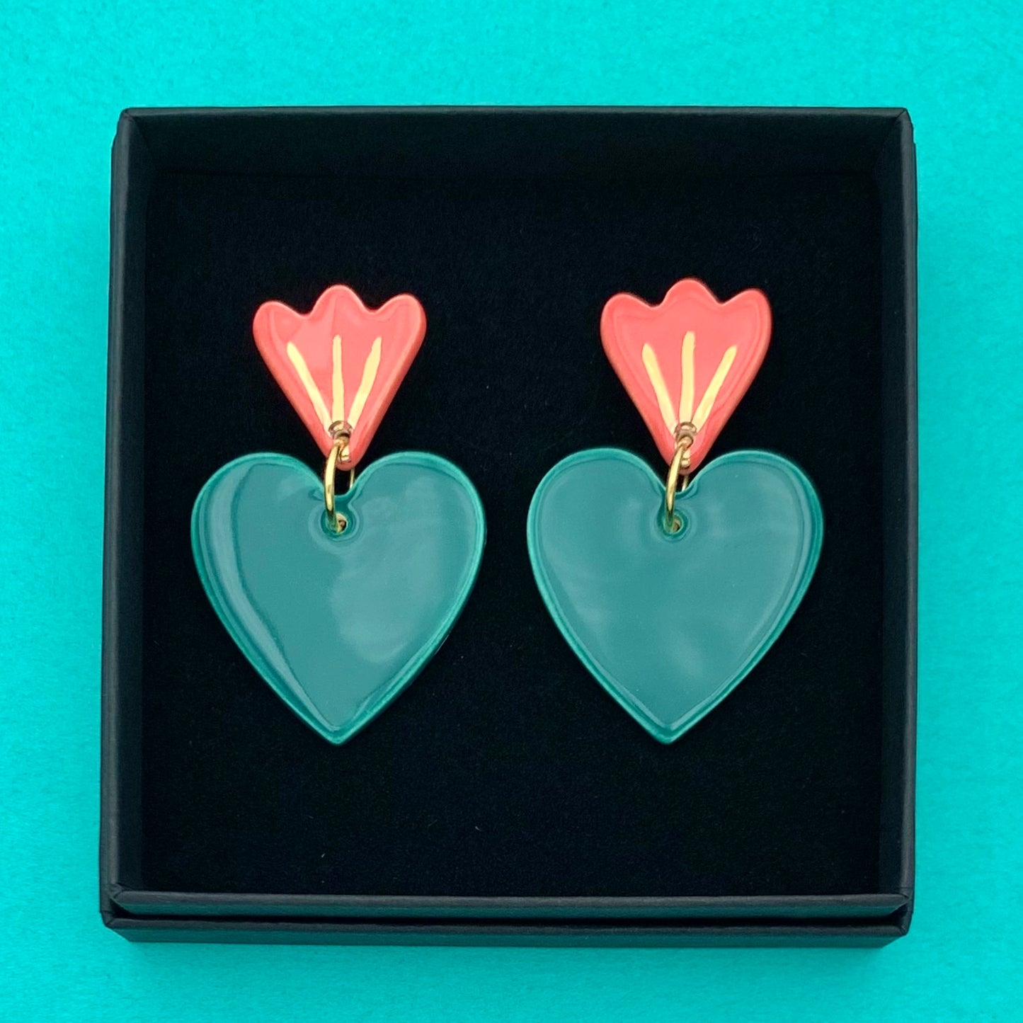 Boucles d'oreilles Corazón, vert-bleu, rose corail et or