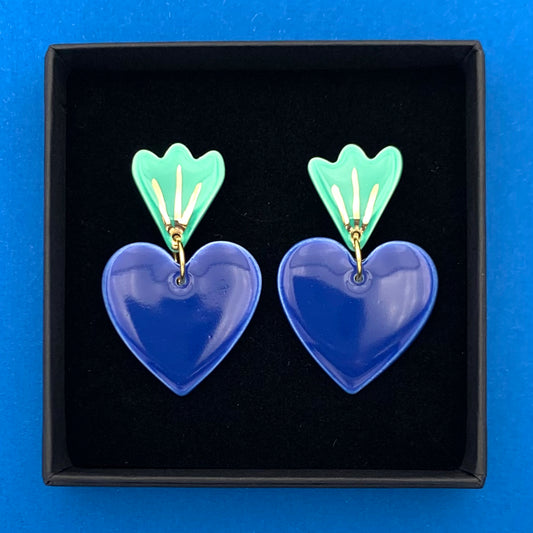 Boucles d'oreilles Corazón, bleu, menthe et or