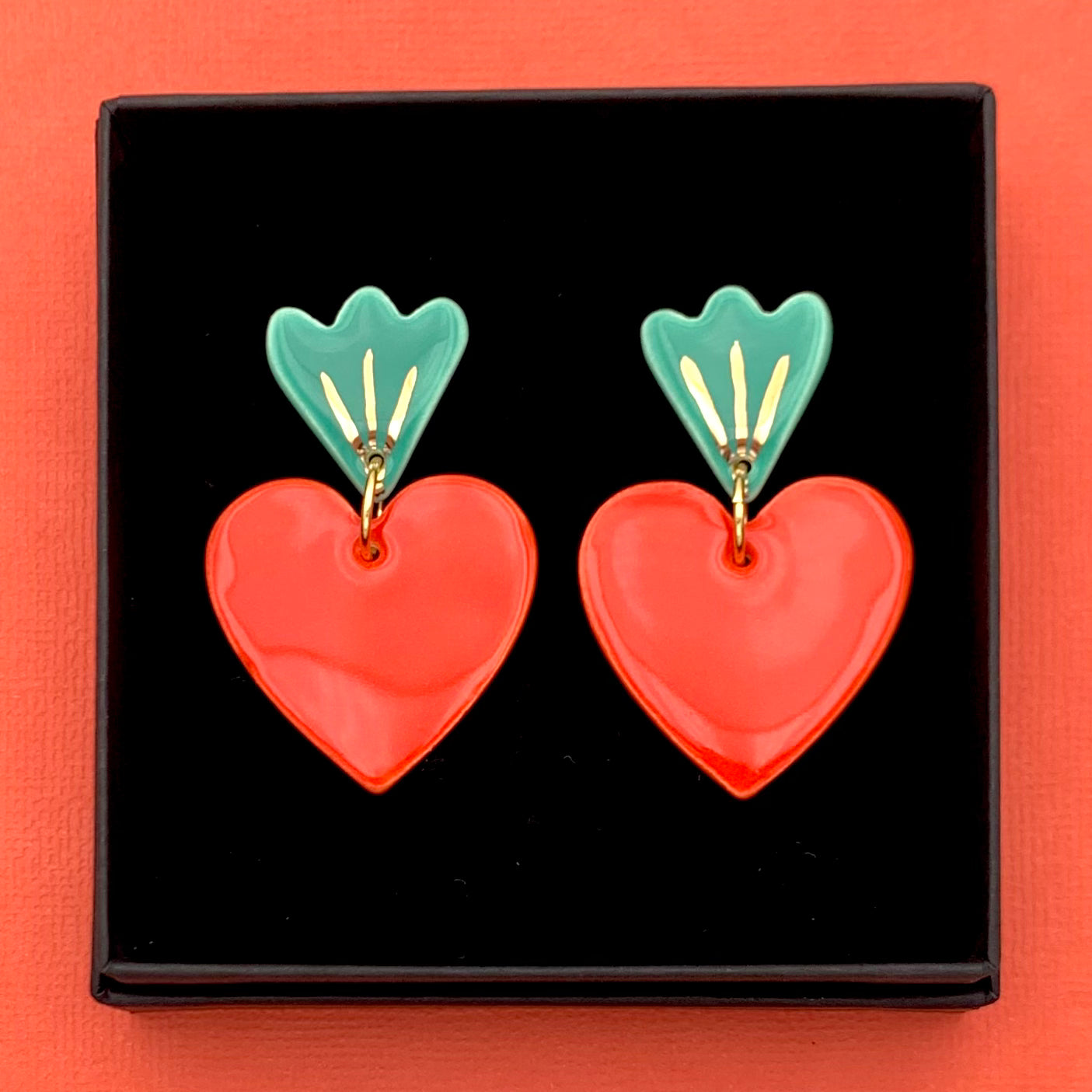 Boucles d'oreilles Corazón, rouge, menthe et or