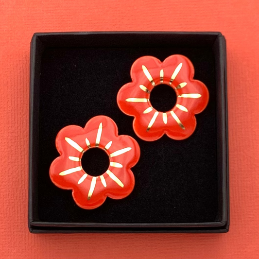 Boucles d'oreilles petite fleur, rouge orangé et or