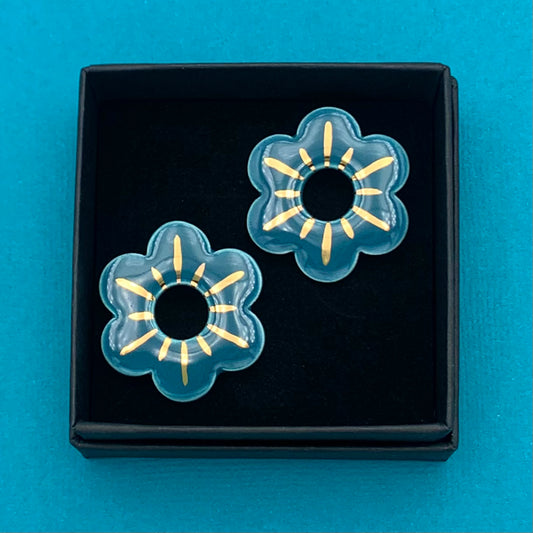 Boucles d'oreilles petite fleur, bleu canard et or