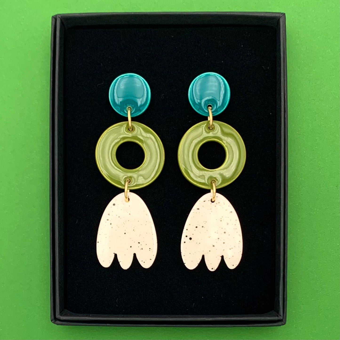 Boucles d'oreilles 3 pièces, vert-bleu, vert kaki et blanc moucheté