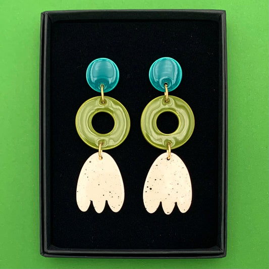 Boucles d'oreilles 3 pièces, vert-bleu, vert kaki et blanc moucheté