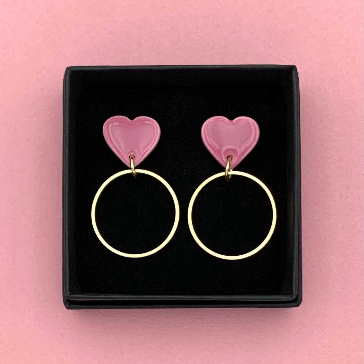 Boucles d'oreilles coeur et anneau, vieux rose