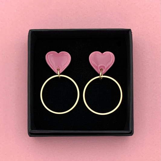 Boucles d'oreilles coeur et anneau, vieux rose