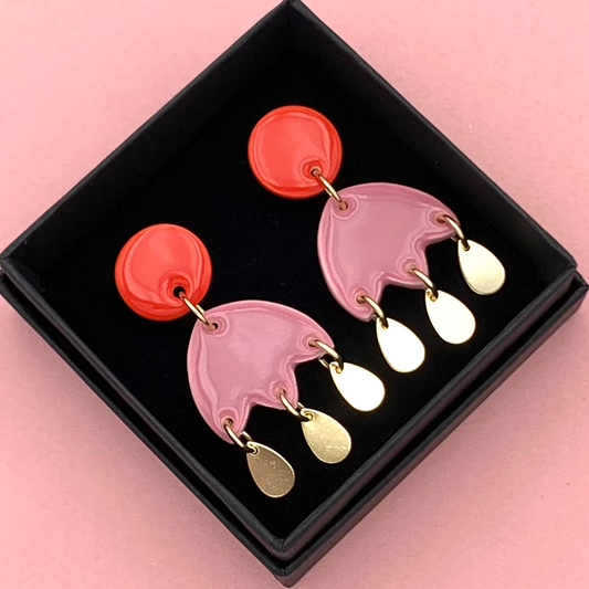 Boucles d'oreilles 3 gouttes, rouge et vieux rose