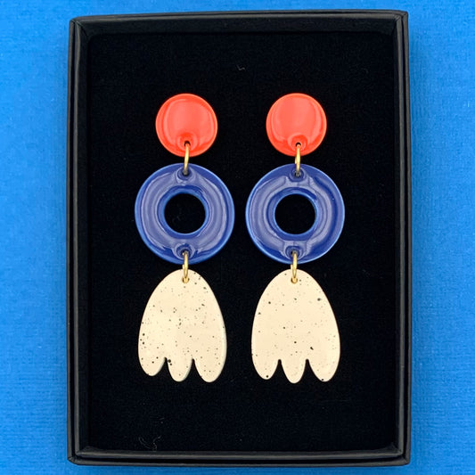 Boucles d'oreilles 3 pièces, rouge bleu et blanc moucheté