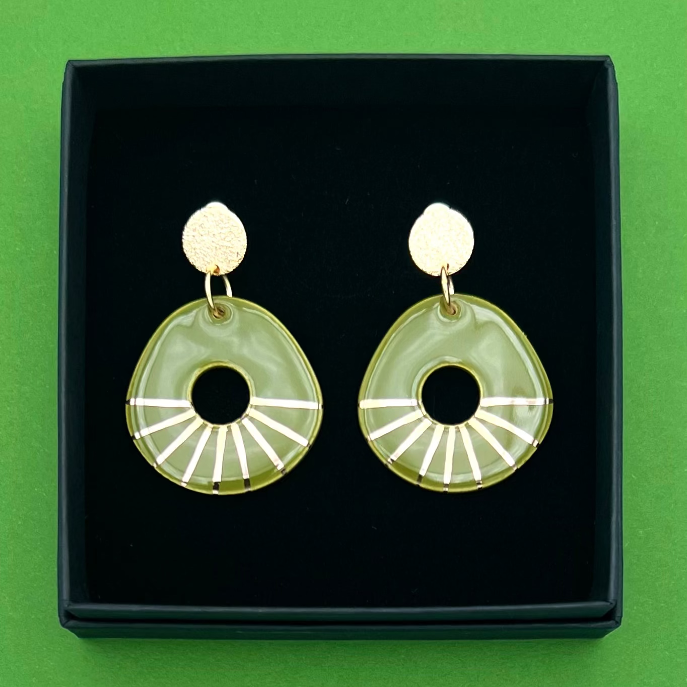 Boucles d'oreilles Donut, vert kaki et or