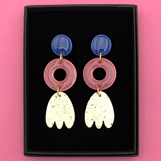 Boucles d'oreilles 3 pièces, bleu, prune et blanc moucheté