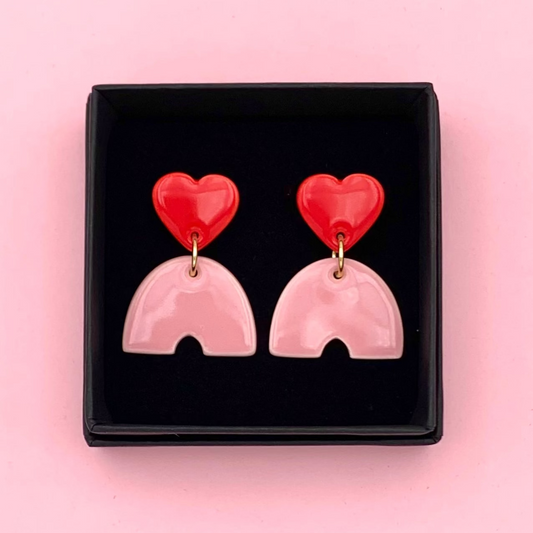 Boucles d'oreilles coeur et pont, rouge et rose pâle