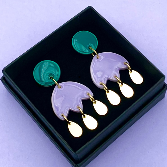 Boucles d'oreilles 3 gouttes, vert-bleu et lavande