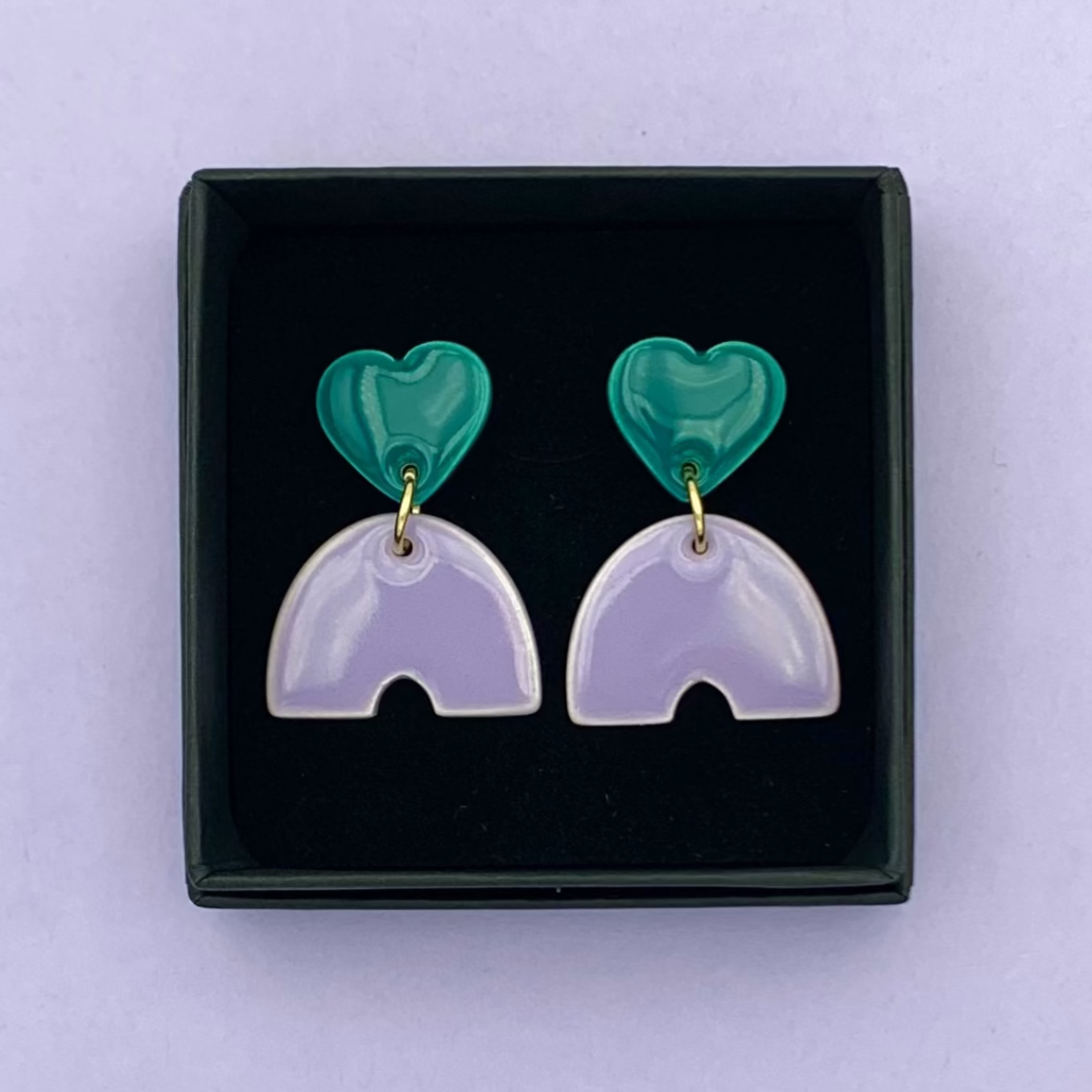 Boucles d'oreilles coeur et pont, vert-bleu et lavande