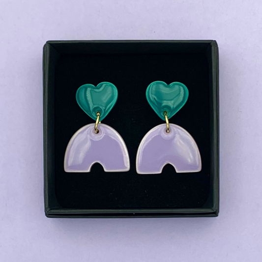 Boucles d'oreilles coeur et pont, vert-bleu et lavande