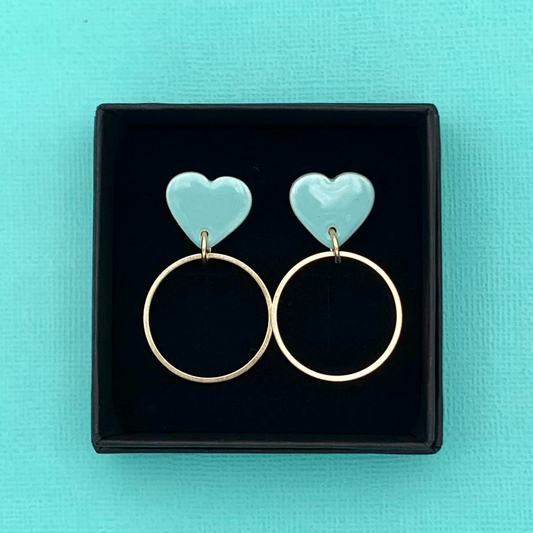 Boucles d'oreilles coeur et anneau, bleu aqua