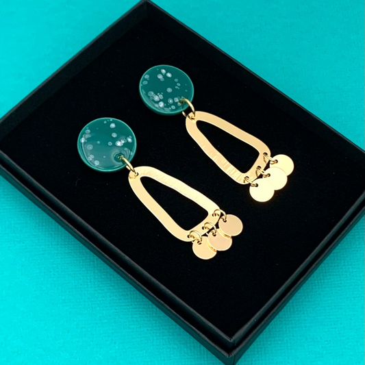 Boucles d'oreilles Cosmos à pampilles, vert-bleu moucheté