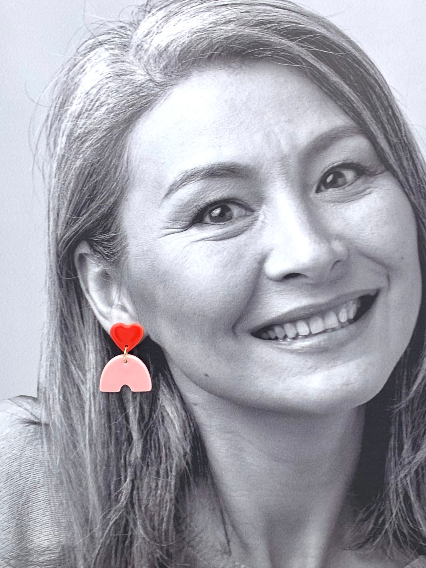 Boucles d'oreilles coeur et pont, rouge et rose pâle