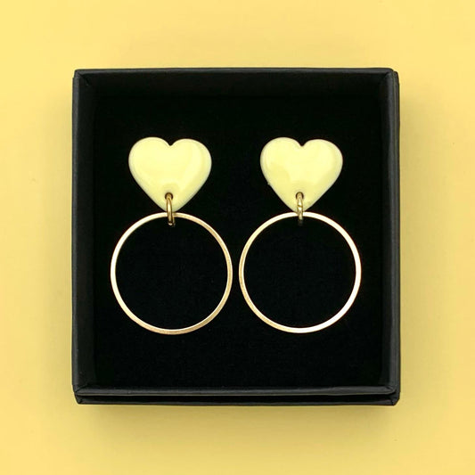 Boucles d'oreilles coeur et anneau, jaune pâle