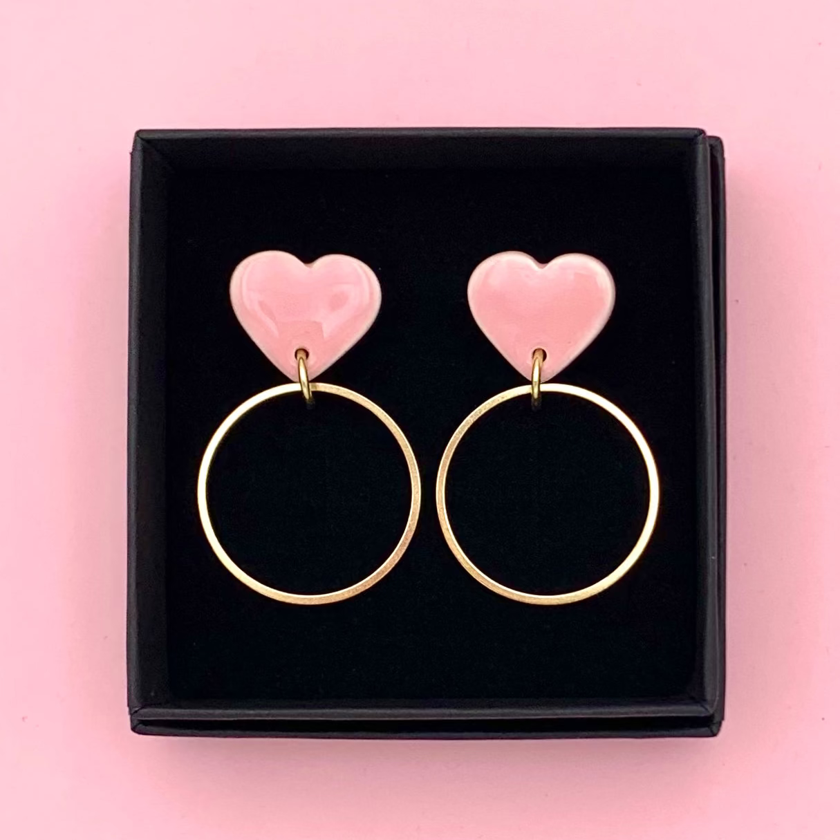 Boucles d'oreilles coeur et anneau, rose pâle