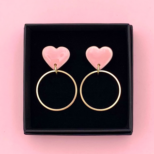 Boucles d'oreilles coeur et anneau, rose pâle