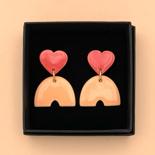 Boucles d'oreilles coeur et pont, abricot et corail