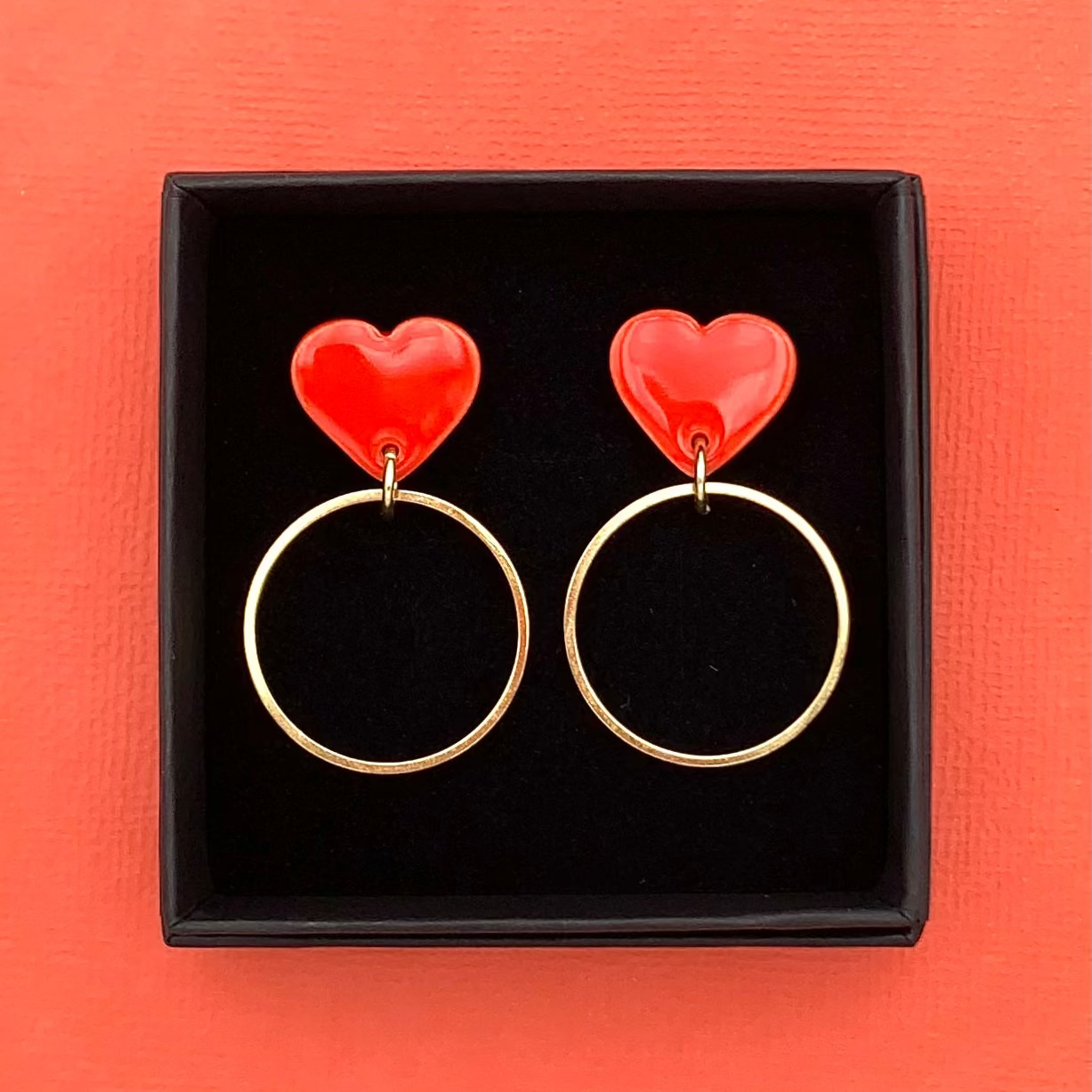 Boucles d'oreilles coeur et anneau, rouge