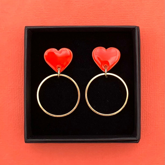 Boucles d'oreilles coeur et anneau, rouge