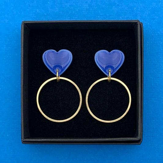 Boucles d'oreilles coeur et anneau, bleu