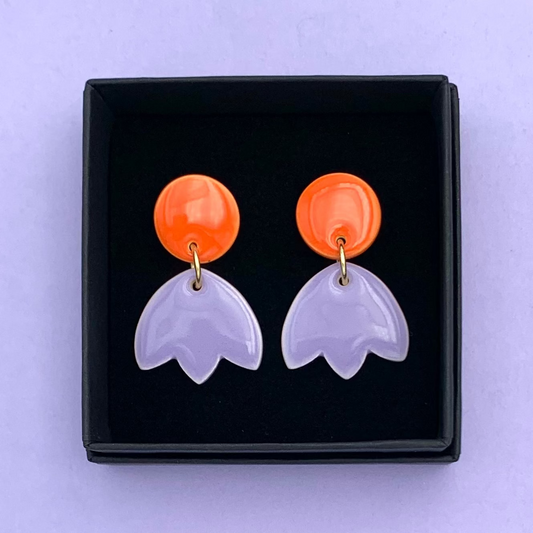 Boucles d'oreilles petite tulipe, orange et lavande