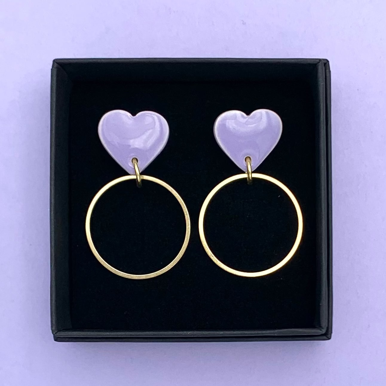 Boucles d'oreilles coeur et anneau, lavande
