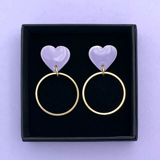 Boucles d'oreilles coeur et anneau, lavande