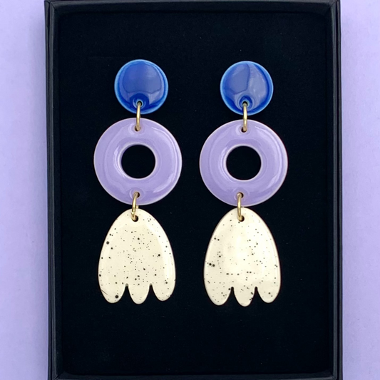 Boucles d'oreilles 3 pièces, bleu, lavande et blanc moucheté