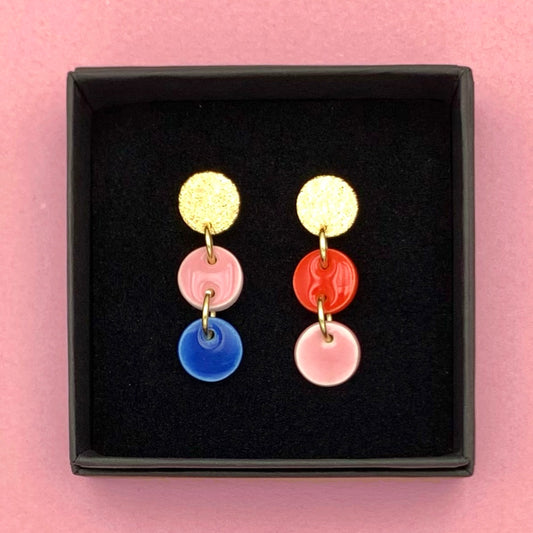 Boucles Tic Tac, rose pâle, bleu cobalt et rouge
