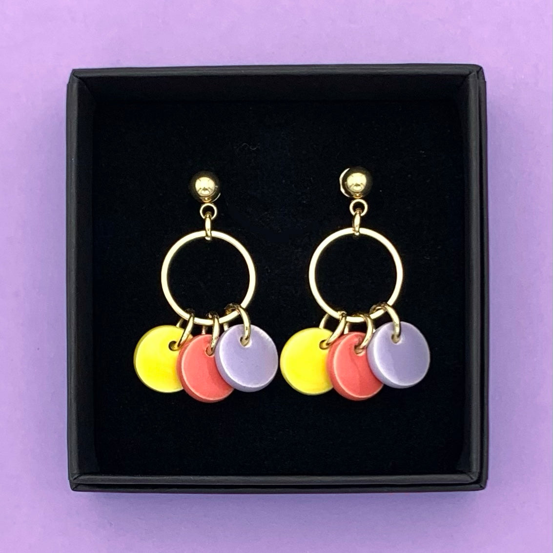 Boucles Guinguette, jaune citron, rose corail et lavande