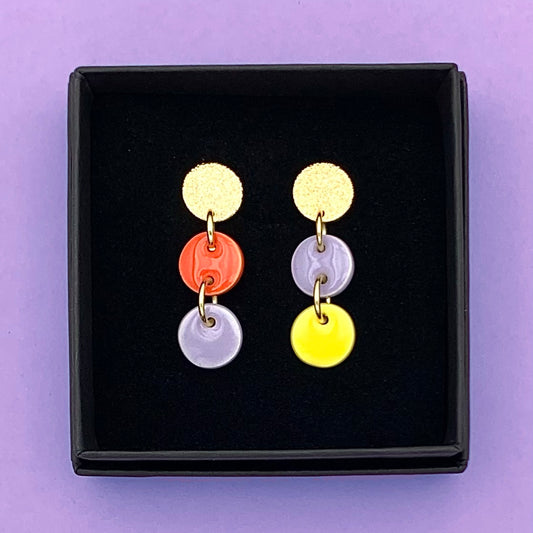 Boucles Tic Tac, lavande, jaune citron et rouge orangé